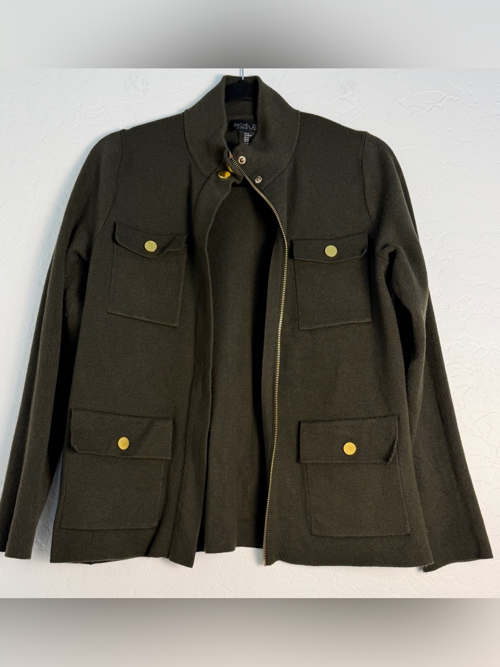 Rachel Zoe Women Medium Olive Green Military Field Sweater Jacket Athleisure